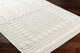 Close-up of Elese Area Rug showing geometric pattern and textured details in beige and cream on dark wood floor. Corner