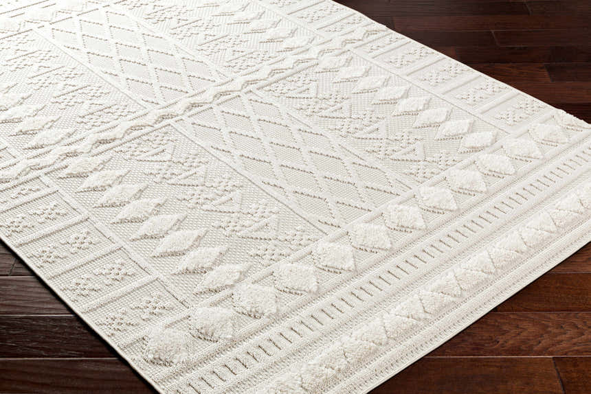 Close-up of Elese Area Rug showing geometric pattern and textured details in beige and cream on dark wood floor. Corner