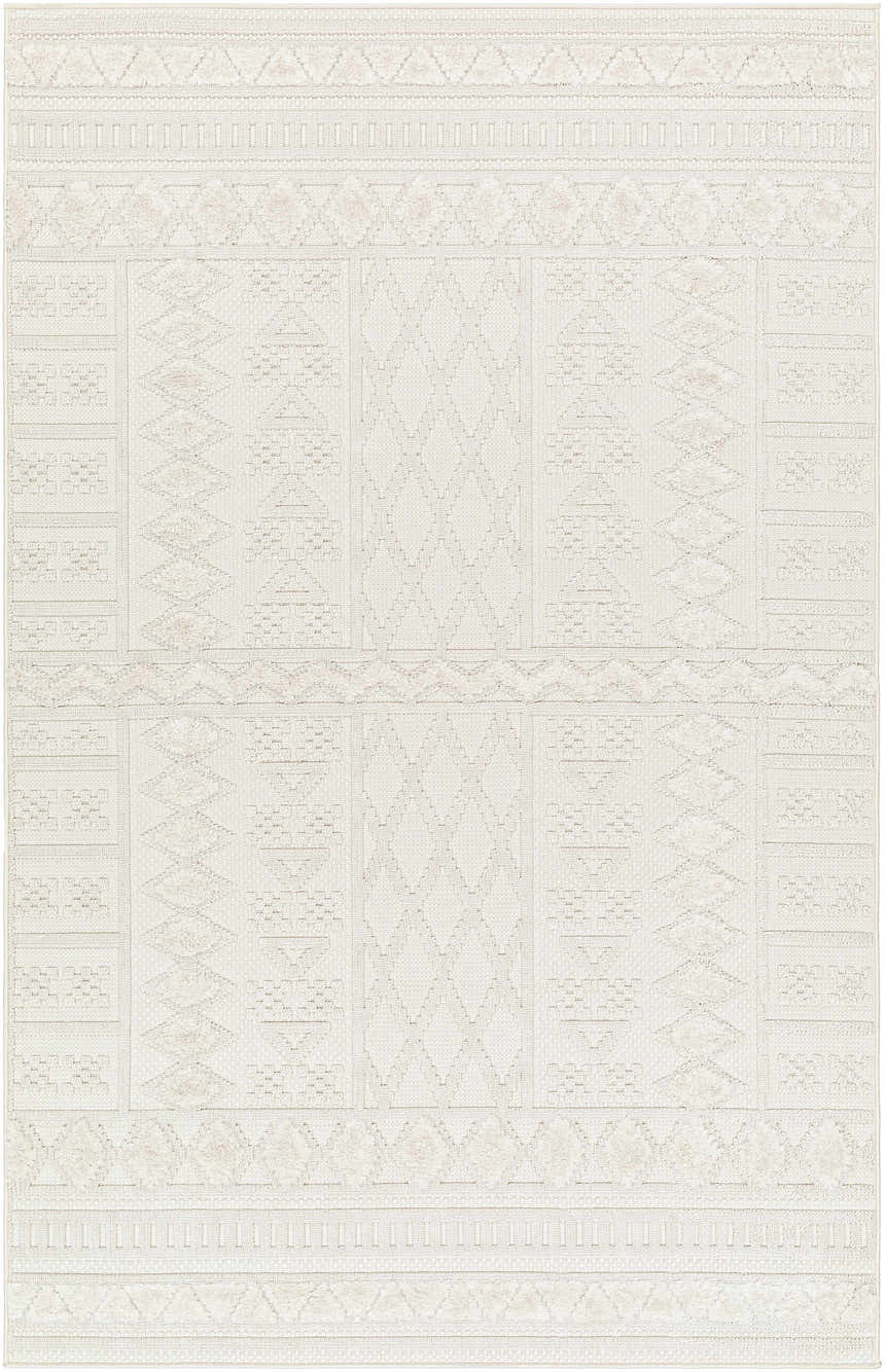 Close-up of the Elese Area Rug in beige. Contemporary style with geometric patterns and subtle texture. Polypropylene, machine woven. Design-Rectangle