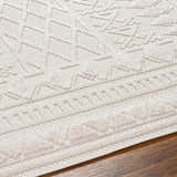 Close up of the Elese Area Rug in beige. Contemporary design with geometric patterns and plush texture. Texture