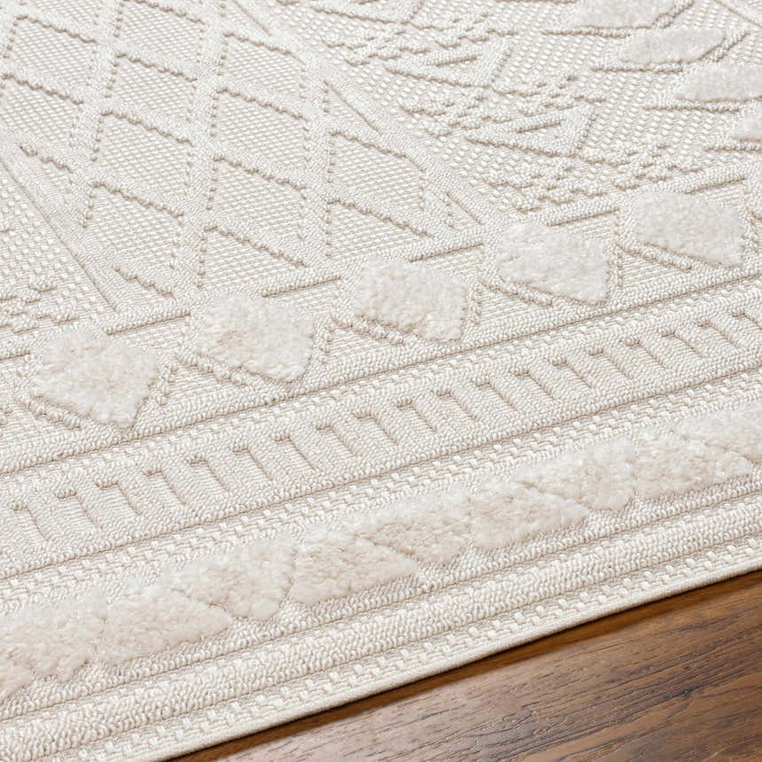 Close up of the Elese Area Rug in beige. Contemporary design with geometric patterns and plush texture. Texture