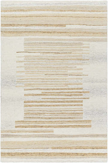 Close-up of Seung Modern Wool Rug. Hand-tufted rug with pearl and warm gray horizontal stripes and geometric pattern. Design-Rectangle-576
