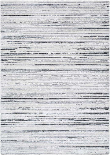 Close-up of Sanja Luxe Rug, a contemporary rug with beige, black, cream, light slate, and white horizontal stripes. Design-Rectangle-5373