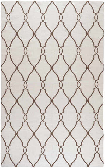Close-up of the Tadley Area Rug. Hand-woven wool rug in light beige with a brown geometric trellis pattern. Design-Rectangle-58