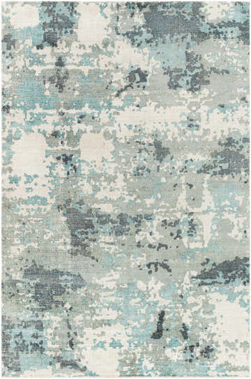 Close-up of the Tannersville Area Rug's contemporary design in beige, light beige, sage, and teal. Hand-loomed wool and viscose texture. Design-Rectangle-576