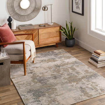 Living room scene with a beige Tannersville Area Rug, wood furniture, and neutral decor. Roomscene-Rectangle