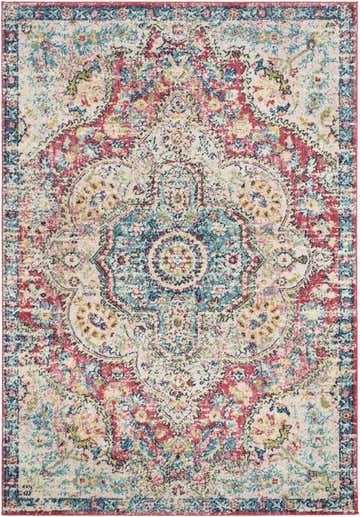 Close-up of the Simsbury Red Area Rug. Features cream, pink, blue, and yellow in a traditional, oriental pattern. Design-Rectangle-537