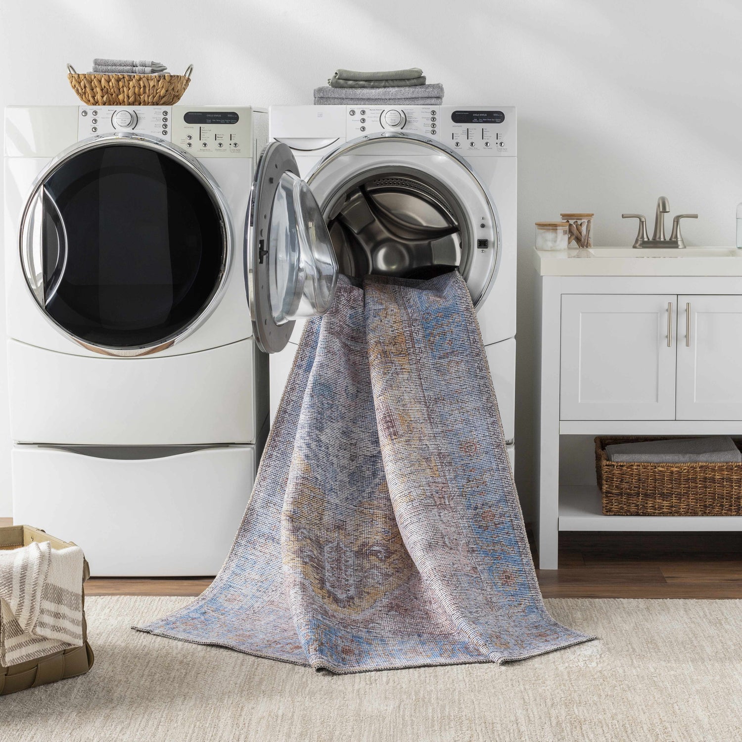 Laundry room scene with Otaki Purple & Brown Washable Area Rug coming out of a front load washing machine. Washing-Machine