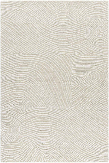 Close-up of the Trang Area Rug. Hand-tufted wool rug in light silver, silver gray, and white with a textured, wavy pattern. Design-Rectangle-576