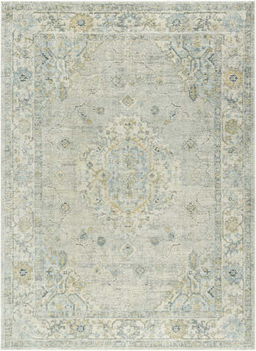 Close-up of the Tyche Light Gray rug, showcasing its traditional pattern, beige, gray, and pale blue hues, and thick, luxe texture. Design-Rectangle-6792