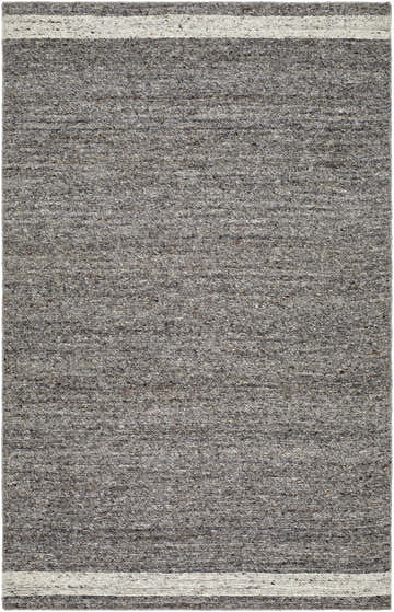 Close-up of the hand-tufted Tiran Gray Wool Area Rug. The rug has a farmhouse style with gray tones and subtle stripe detail. Design-Rectangle-576