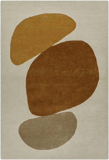 Close-up of the Tutti Area Rug. Hand-tufted wool rug with a contemporary design in brick red, sepia, tan, and sterling gray. Design-Rectangle-576