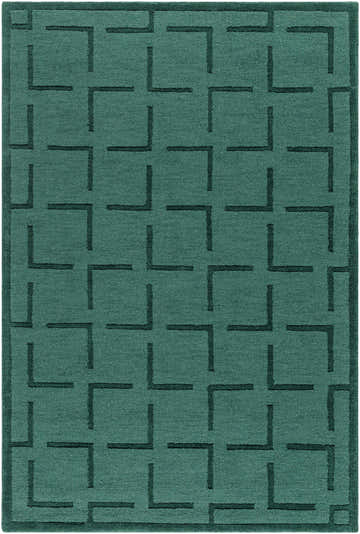 Close-up of the Treva Area Rug. Beetle blue wool rug with a contemporary geometric pattern and a hand-loomed texture. Design-Rectangle-576
