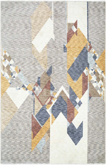 Close-up of the Timea Area Rug featuring a contemporary geometric pattern in burnt orange, navy, gray, and white. Design-Rectangle-578