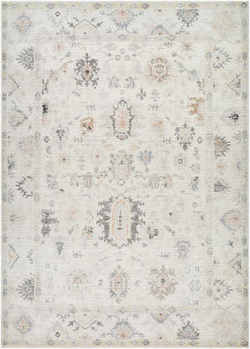 Close-up of the Trina Area Rug, a farmhouse style rug with charcoal, gray, and orange traditional patterns. Design-Rectangle