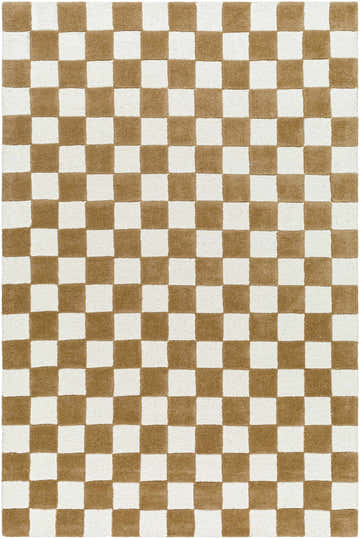 Close-up of the hand-tufted Timin Camel Checkered Area Rug. Cream and medium brown wool form a classic checkerboard pattern. Design-Rectangle-576