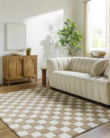 Living room with a cream sofa and the Timin Brown Checkered Wool Area Carpet. Modern decor with wood accents and a neutral color palette. Roomscene-Rectangle