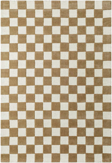 Close-up of the Timin Brown Checkered Wool Area Carpet, featuring a cream and brown checkerboard pattern. Hand-tufted texture. Design-Rectangle-576