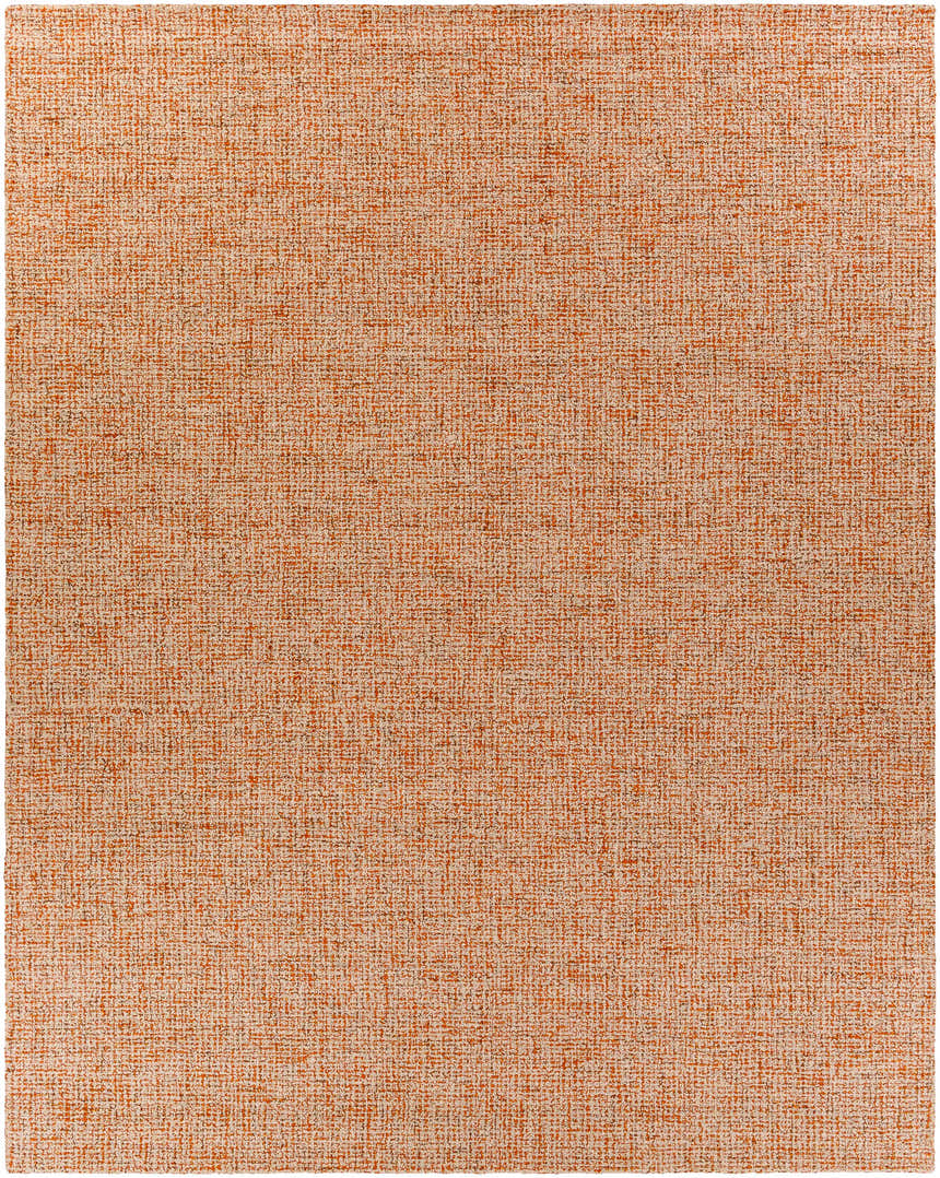 Close-up of the Teresita Area Rug, a hand-tufted wool rug in burnt orange and ivory with a subtle textured pattern. Design-Rectangle-810