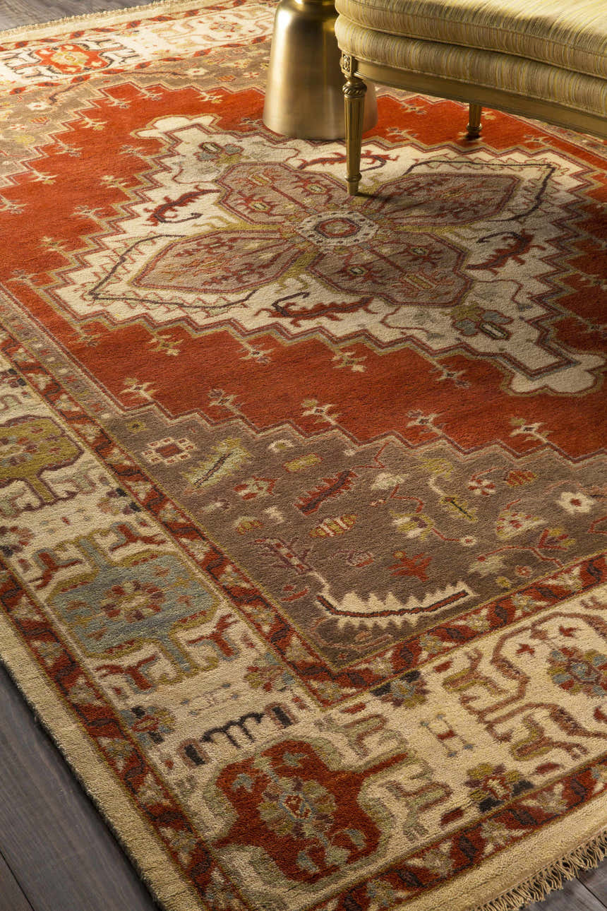 Close-up of the hand-knotted Texico Area Rug. Traditional farmhouse style in rust, beige, brown, and green tones. Styleshot