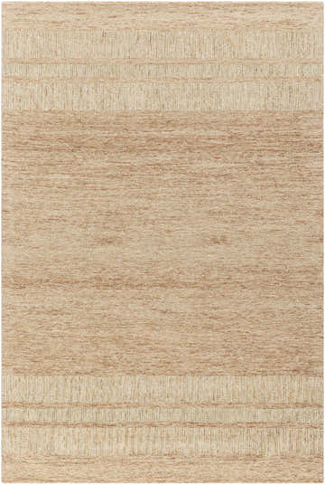 Close-up of hand-tufted Tansy Area Rug. Farmhouse style wool rug in brick red, camel, and tan with horizontal stripes. Design-Rectangle-576