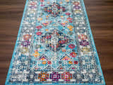 Close-up of the Tigris Turquoise 2314 runner rug. Bohemian style rug with ivory, blue, pink, and orange colors. Front
