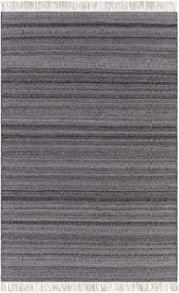 Close-up of the hand woven Thabazimbi Area Rug. Charcoal, dark brown, light gray, and off white horizontal stripes. Fringe detail. Design-Rectangle-576
