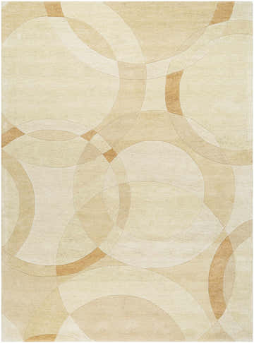 Close-up of the Theta Modern Wool Rug featuring a contemporary circle pattern in desert tan, pearl, and tan hues. Design-Rectangle-811