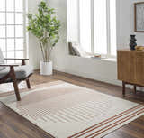 Bright living room with a Thono Area Rug, gray chair, wood cabinet, and large window. Roomscene-Rectangle