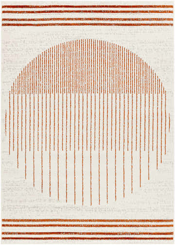 Close-up of the Thono Area Rug featuring a burnt orange linear pattern on a light gray background. Design-Rectangle-57