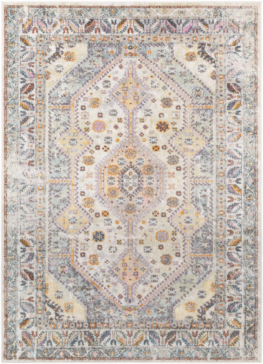 Detailed view of the Thornley Area Rug, a machine-woven oriental rug with blue, orange, and lavender floral patterns. Design-Rectangle-5373
