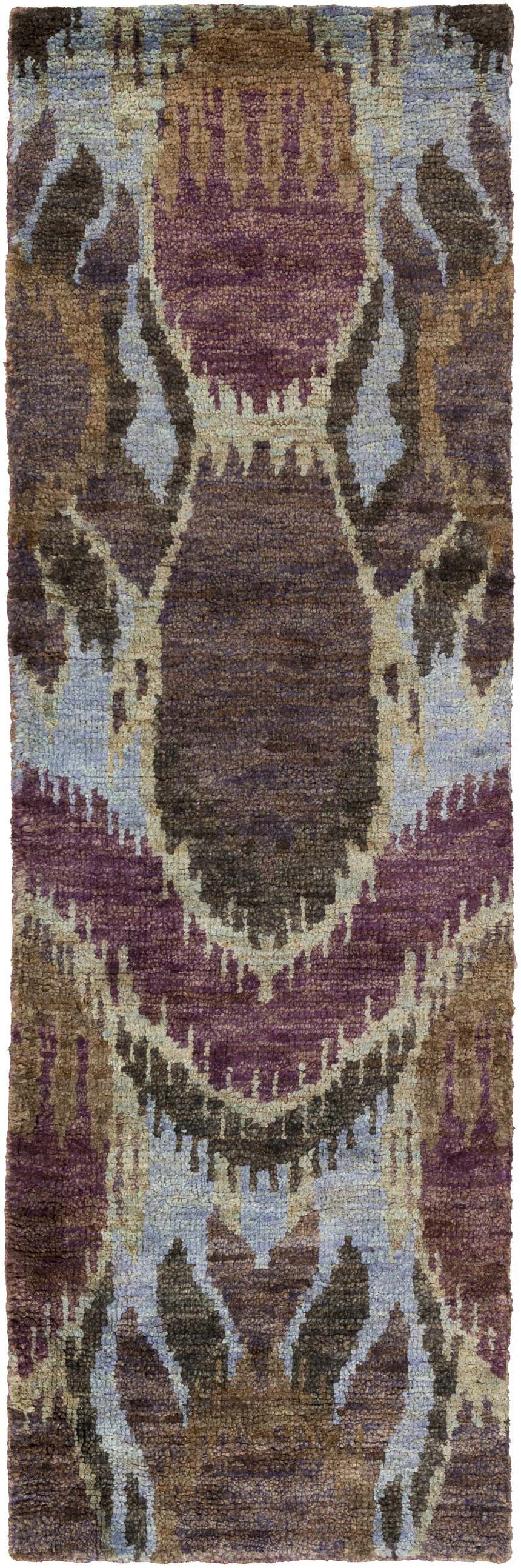 Close-up of the Thornville Jute Carpet. Hand-knotted Southwestern style rug in brown, purple, and pale blue hues. Design-Runner-268