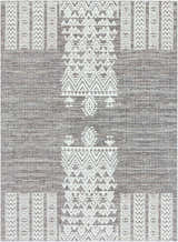 Close-up of the Thorntonville Outdoor Rug. Bohemian style rug with a gray background and white geometric pattern. Design-Rectangle-710103