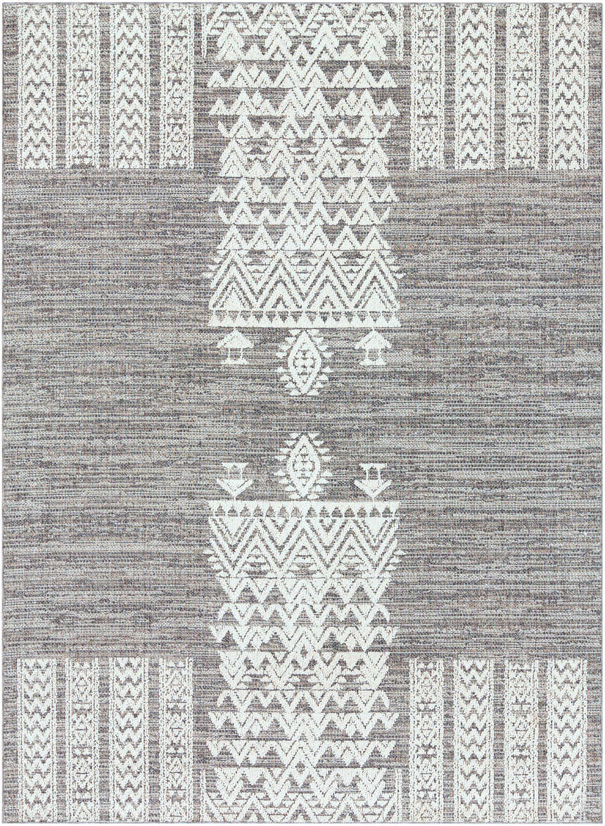 Close-up of the Thorntonville Outdoor Rug. Bohemian style rug with a gray background and white geometric pattern. Design-Rectangle-710103