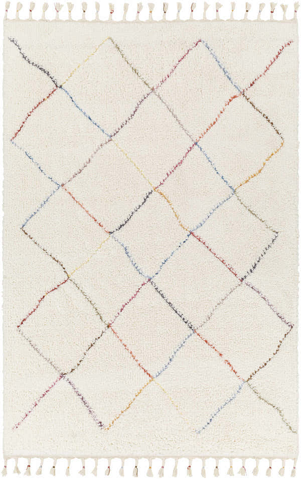 Close-up of Tigao Area Rug: Cream shag rug with diamond pattern in black, orange, pink, navy, and olive. Tassels on both ends. Design-Rectangle-537