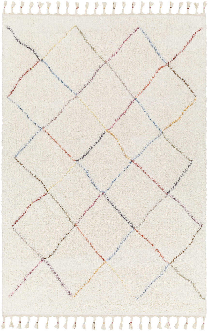 Close-up of Tigao Area Rug: Cream shag rug with diamond pattern in black, orange, pink, navy, and olive. Tassels on both ends. Design-Rectangle-537
