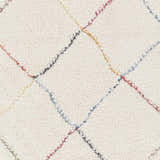 Close-up of Tigao Area Rug showing cream shag texture and colorful diamond pattern with burnt orange, navy, and pink. Swatch