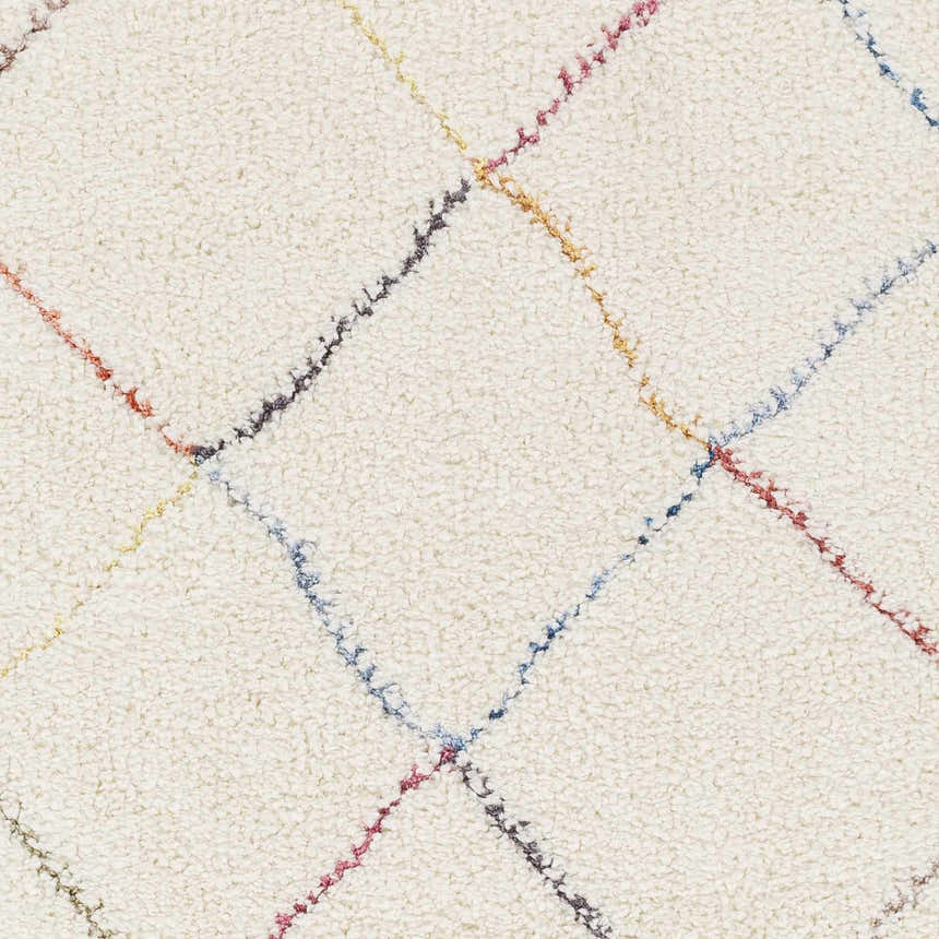Close-up of Tigao Area Rug showing cream shag texture and colorful diamond pattern with burnt orange, navy, and pink. Swatch