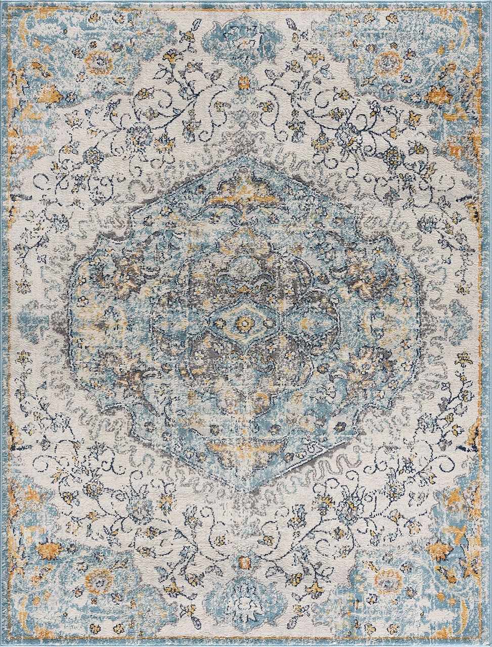 Close-up of the Tigrit Blue 2301 Area Rug, featuring a floral bohemian pattern in blue, ivory, and turquoise tones. Design-Rectangle-286