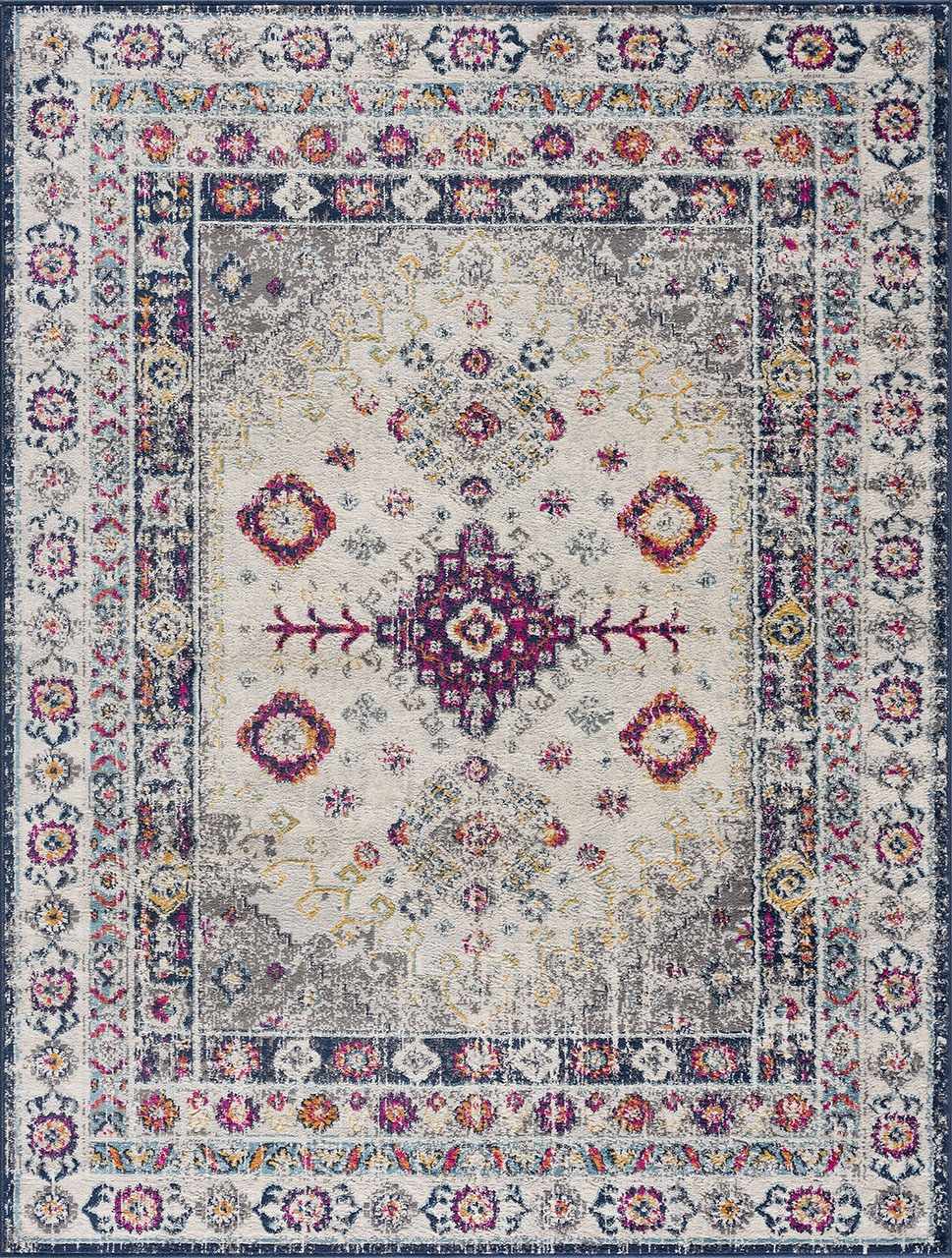 Detailed view of the Tigrim Beige 2306 Area Rug, featuring a bohemian-inspired floral pattern in beige, ivory, and navy. Design-Rectangle-286
