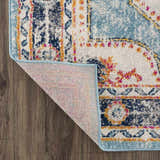 Close-up of Tigried Turquoise 2308 Area Rug showing blue, ivory, and orange bohemian pattern and rug backing. Fold