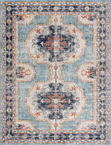 Close-up of the Tigried Turquoise 2308 Area Rug. Bohemian style rug with blue, ivory, and turquoise colors. Design-Rectangle-286