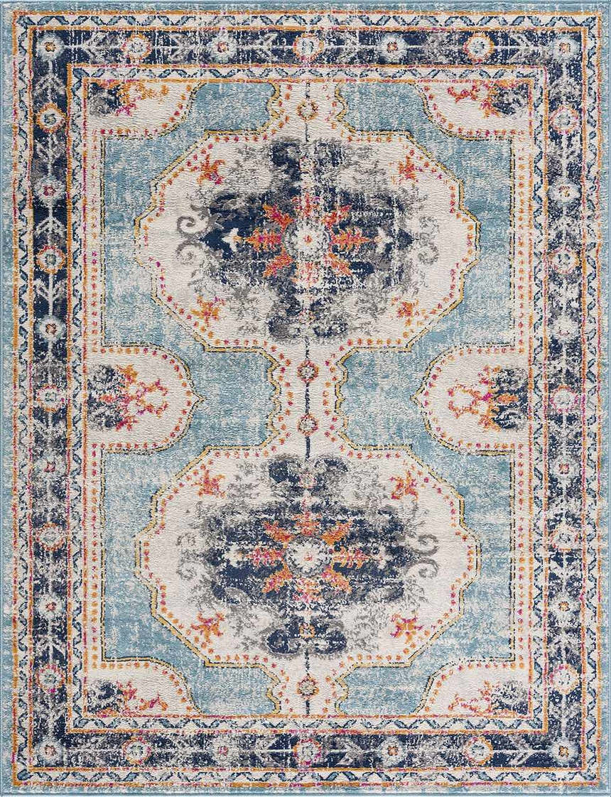 Close-up of the Tigried Turquoise 2308 Area Rug. Bohemian style rug with blue, ivory, and turquoise colors. Design-Rectangle-286