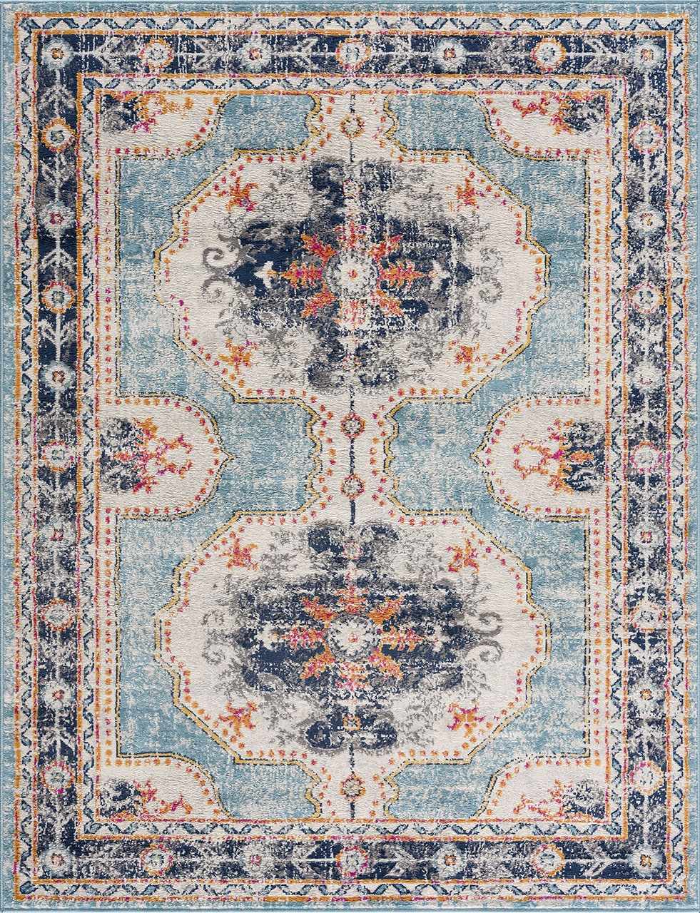 Close-up of the Tigried Turquoise 2308 Area Rug. Bohemian style rug with blue, ivory, and turquoise colors. Design-Rectangle-286