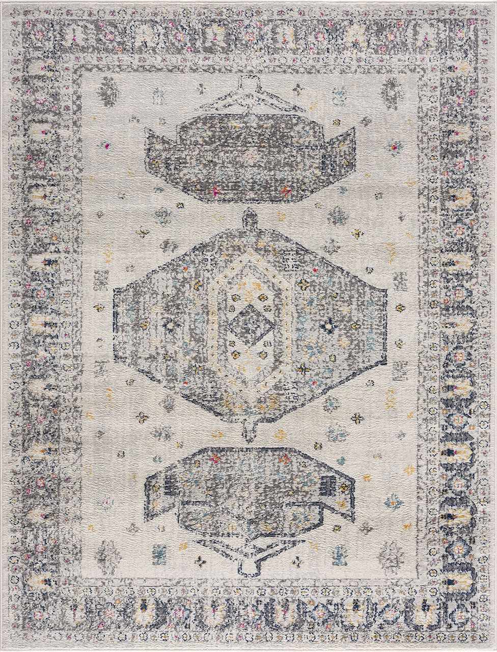 Close-up of the Tigried Ivory 2309 Area Rug. Bohemian style with ivory, gray, blue, pink, and yellow geometric patterns. Design-Rectangle