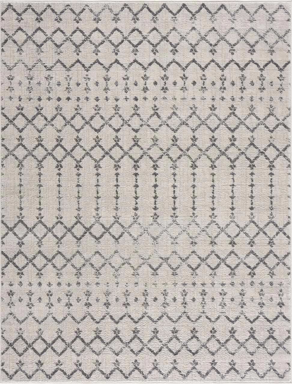 Close-up of Tigri Aztec 2310 Ivory Rug. Gray geometric diamond pattern on an ivory background. Bohemian style. Design-Rectangle