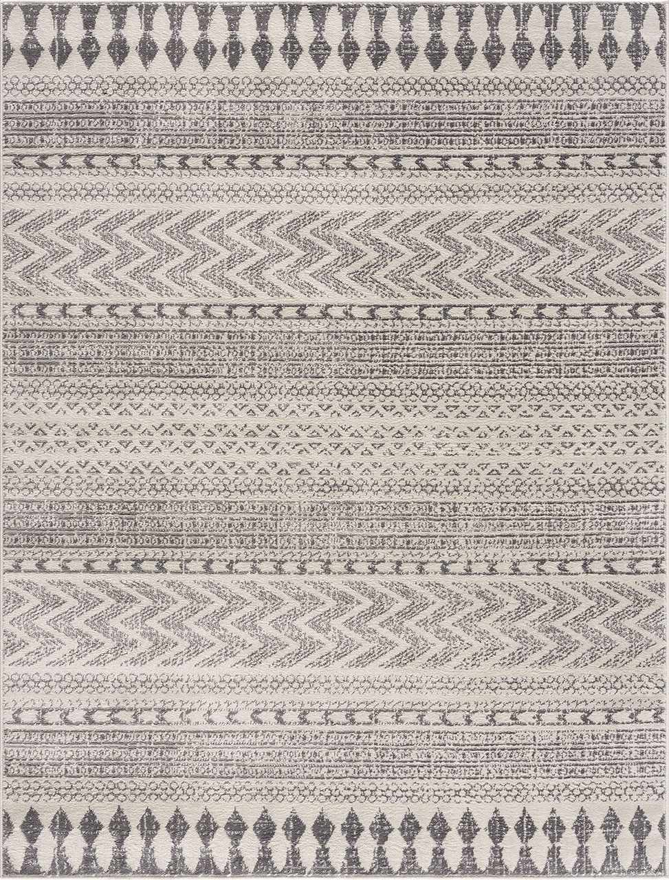 Close-up of Tigri Aztec Ivory & Gray 2311 Rug. Bohemian style rug with gray geometric patterns on an ivory background. Design-Rectangle