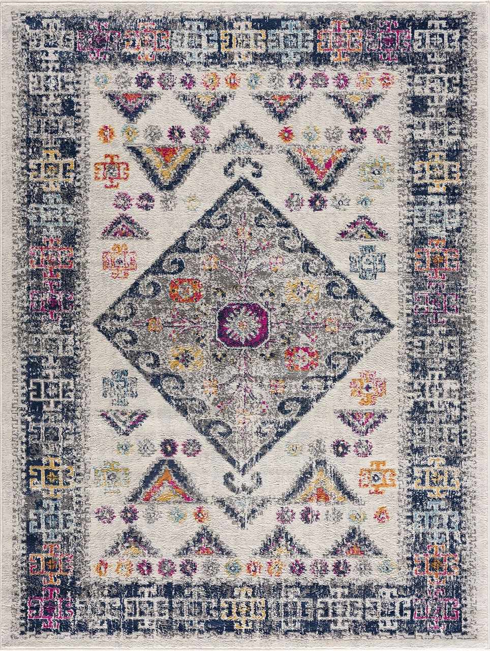 Close-up of Tigriv Ivory 2312 Area Rug. Bohemian style rug with ivory background and gray, navy, and orange geometric patterns. Design-Rectangle-2312