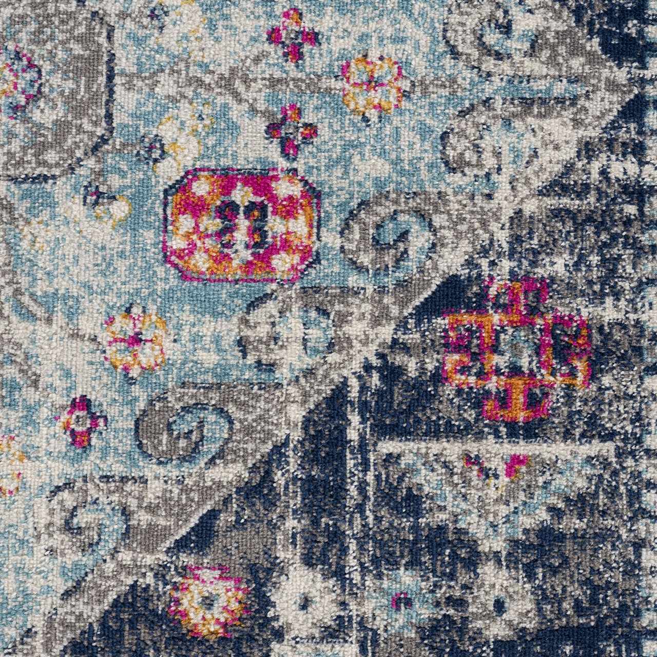 Close-up of Tigriv Navy 2313 Area Rug showing bohemian design, navy, gray, light blue, and pink colors. Polypropylene texture. Texture