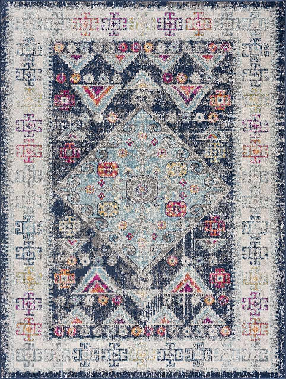 Detailed pattern of the Tigriv Navy 2313 Area Rug. Bohemian style with navy, blue, pink, and orange colors. Design-Rectangle-286